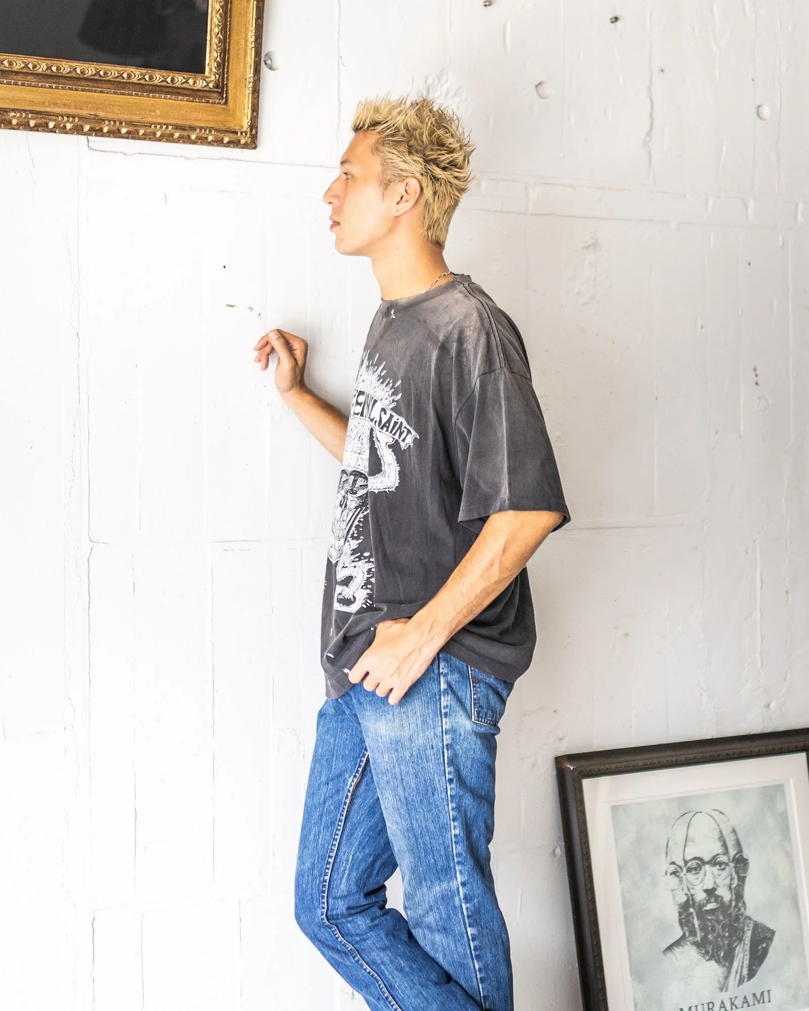 SAINT Mxxxxxx SS TEE/THE ETERNAL/BLK Latest Skeleton Beetle Distressed Sulfur Dyeing Retro Short Sleeves Washed Black S-XL Garment Dyeing Rewashed for Distressed Horse Replacement Faded Top Printing Technology Simulates Natural Distressed Style Really Correct Version Original Consistent Main Mark/Washed Mark/Angel Anti-Counterfeiting Mark